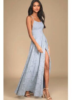 NWT LULUS LET THERE BE ROMANCE SLATE BLUE FLORAL MAXI DRESS FORMAL L